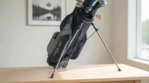 Flex-base stand mechanism providing stability on uneven Canadian golf course terrain.