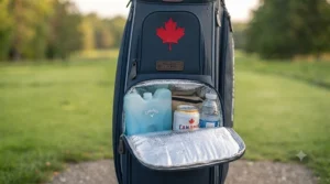 Golf cart bags featuring an insulated cooler pocket.