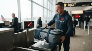 Hybrid golf travel bag featuring a hard top shell and soft fabric sides for versatile travel protection.