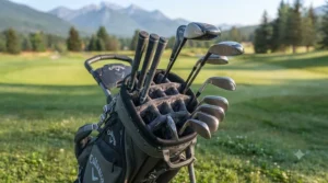 Close-up of a 14-way top divider on hybrid golf bags keeping golf clubs organized during a tournament round.