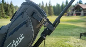 Golf cart bag with insulated cooler pocket for drinks during long rounds.