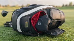 Water-resistant velour-lined valuables pocket on a tour-level staff golf bag, keeping tech and accessories safe during unpredictable Canadian weather.