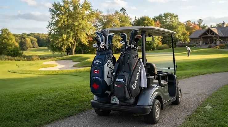 Premium golf cart bags on a course in Ontario.