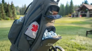 Secure cart strap pass-through system keeping bags stable on push carts.