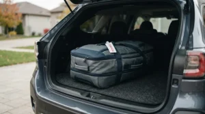 Golfer weighing a soft case golf travel bag to stay under the 50 lb limit for Air Canada and WestJet flights.