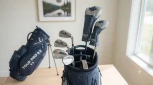 Detailed view of a Sunday golf bag holding a half-set of clubs, ideal for executive courses and quick twilight rounds in Canada.