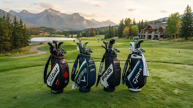A collection of the best staff golf bags lined up on a lush green Canadian golf course fairway, highlighting tour-level design and premium storage.