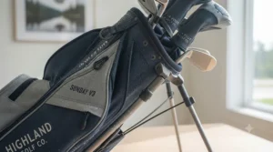 Water-resistant fabric protecting gear from morning dew and sudden showers during early-season Canadian golf.
