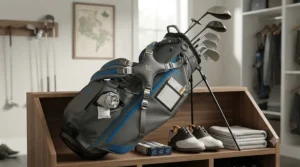 Organized golf carry bags stored securely during the off-season.
