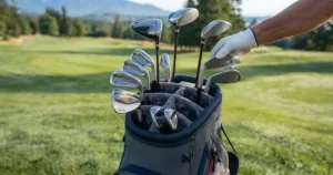 Top view of a full-length divider system inside a lightweight golf bag for seniors, preventing club crowding and tangling.