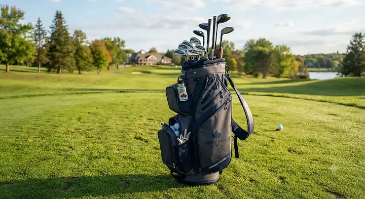 A premium 14-way golf bag standing on a lush green fairway, designed to keep clubs organised for Canadian golf courses.