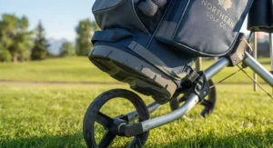 Close-up view of a golf bag base designed for stability on push cart racks.