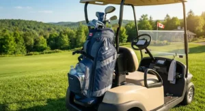 Golf bag with cooler pocket resting on a golf cart during a sunny summer round in Canada