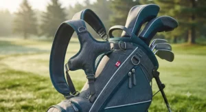 Close-up of a compact womens golf bag for petite golfers featuring ergonomic dual straps and durable Canadian-weather materials.