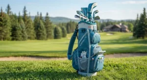 Close-up of a lightweight womens golf bag for beginners featuring multiple accessory pockets.
