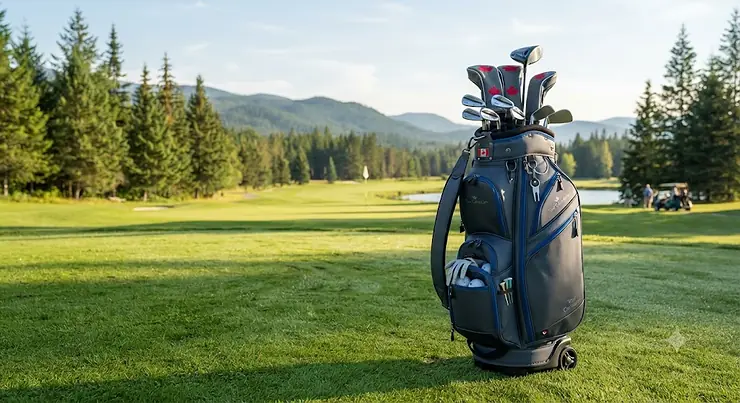 A premium wheeled golf bag standing upright on a Canadian golf course fairway wheeled golf bags
