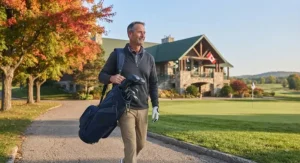 A golfer carrying a stylish insulated golf bag toward the clubhouse after 18 holes.
