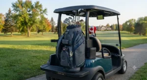 A durable cart bag featuring a 14-way top divider and spacious pockets for riding golf carts at your favourite Canadian club.