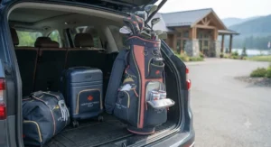 A compact women's golf bag with a cooler pocket designed for easy transport and convenience on Canadian golf trips.
