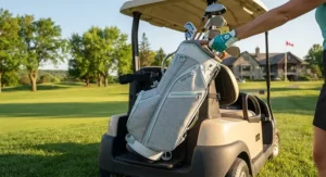 A compact and portable women's golf cart bag, easy to load into a golf cart at a Canadian country club.