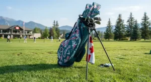 The sturdy carbon fiber stand legs deployed on a lightweight golf bag for women on the practice driving range.