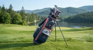 Close-up view of a high-quality women's golf bag with cooler pocket designed for durability in all Canadian weather conditions.