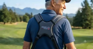Close-up of thick, padded double-strap harness on a lightweight golf bag designed to maximize comfort for senior Canadian golfers.