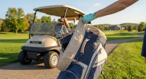 Ergonomic women's golf cart bag with a cushioned strap for comfortable handling when moving between the car and the cart.