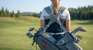 An ergonomic women's golf stand bag demonstrating the dual-strap system for balanced carrying during a round.