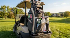 Highly functional women's golf cart bag showcasing multiple storage compartments for tees, balls, and personal items.