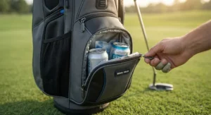 Close up view of an insulated cooler pocket on a modern golf bag