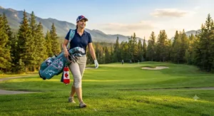 A female golfer walking down a scenic golf course fairway in Canada carrying her lightweight golf bag for women.