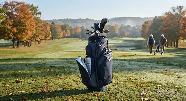 An insulated golf bag standing on a Canadian golf course fairway during a cool autumn morning. insulated golf bags
