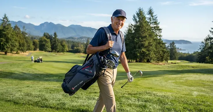 Senior golfer walking a lush fairway in British Columbia carrying an ergonomic lightweight golf bag for seniors, featuring comfortable dual straps. (FR: Golfeur senior sur un terrain de golf au Canada portant un sac de golf léger et ergonomique).