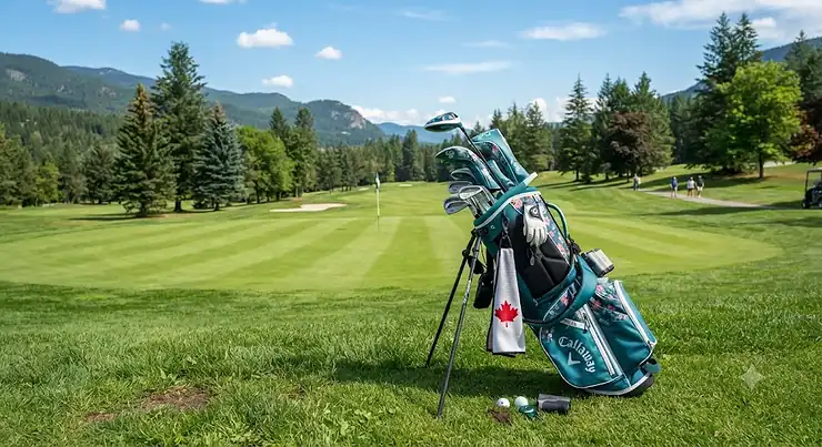 A lightweight golf bag for women resting on a lush green Canadian golf course fairway under a bright blue sky.