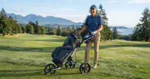 A lightweight golf bag for seniors securely mounted on a three-wheel push cart, popular on Canadian golf courses.