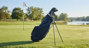 A lightweight insulated golf bag with a sturdy stand resting on the green.