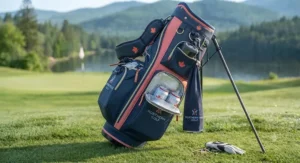 Lightweight women's golf cart bag featuring an insulated cooler pocket for keeping beverages cold during long rounds.