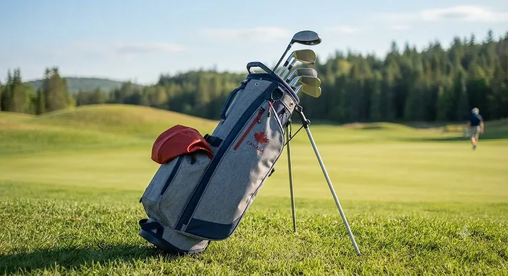 A lightweight women's golf stand bag designed for Canadian golfers on a sunny day at a golf course.