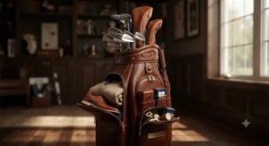 A luxury leather 14-way golf bag displaying premium craftsmanship and ample storage for accessories and apparel.