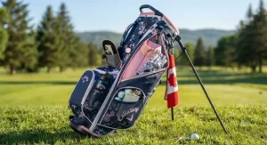 Organized side pockets and apparel compartments showcased on a stylish lightweight golf bag for women.
