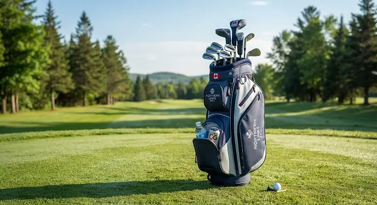 Premium golf bag with cooler pocket standing on a Canadian golf course fairway golf bags with cooler pocket
