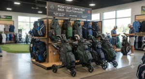 A variety of golf bags suited for push carts displayed at a Canadian golf retail store.