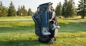 Side view of a wheeled golf bag showing insulated cooler pockets and apparel storage