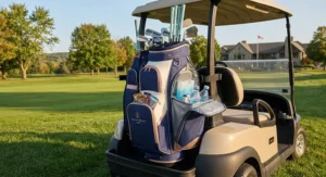 Spacious women's golf cart bag featuring an insulated cooler pocket to keep refreshments cold during a round.