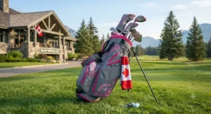 A stylish lightweight golf bag for women featuring modern grey and pink accents parked near the clubhouse.