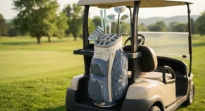 Stylish women's golf cart bag showing full-length club dividers for better organization on the course.