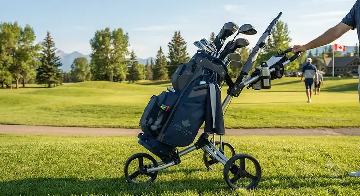A premium golf bag securely mounted on a push cart on a sunny Canadian golf course. golf bags compatible with push carts
