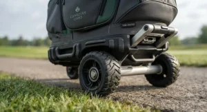 Close-up of the reinforced base and heavy-duty wheels on a top-rated wheeled golf bag