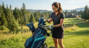A beginner golfer organizing clubs inside a 14-way divider top womens golf bag.